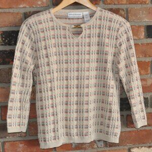 Alfred Dunner Tan Multi-colour stipe top 3/4 Sleeve Sweater Petit PM